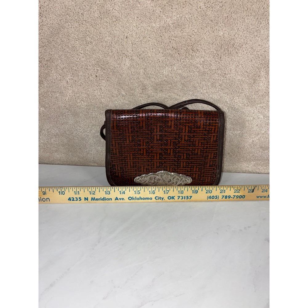 Zippi Brown Crossbody Bag - Small - Woven Leather Silver Filigree Western Boho